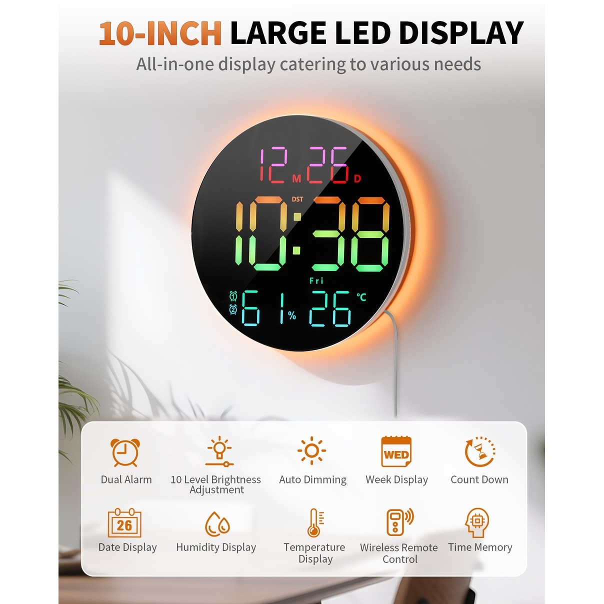 Large Digital Wall Clock with Changing Remote Control, Date Week Temperature, Auto Brightness Dimmer Big Clock Night Lights