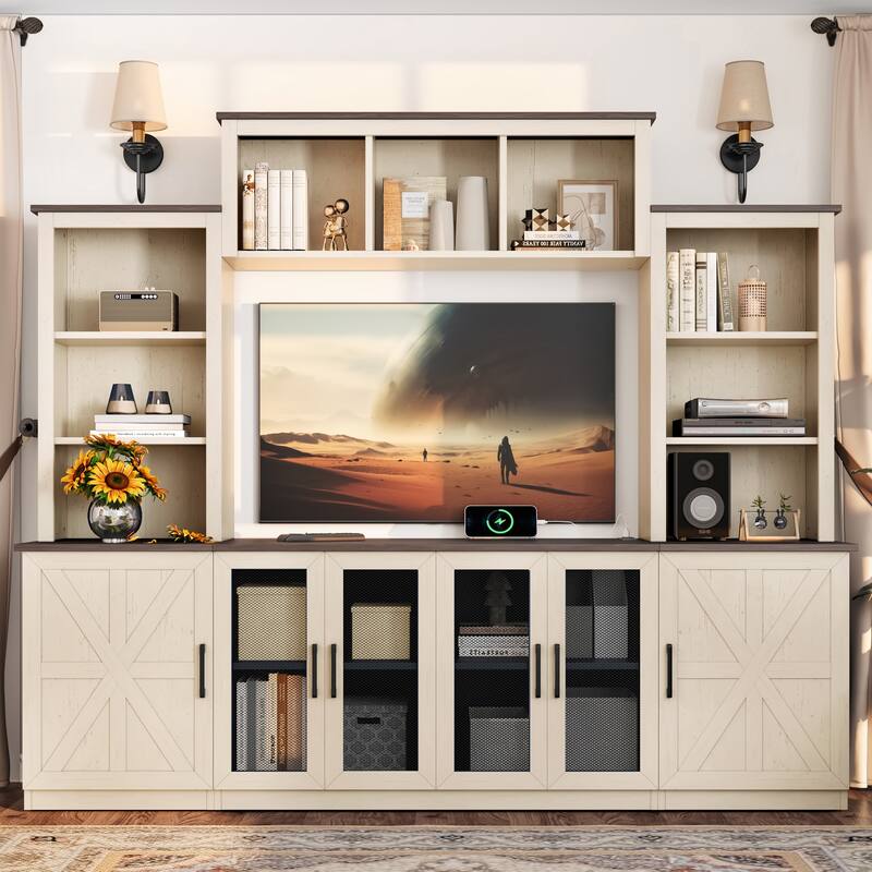 87.6" Wall Unit Entertainment Center Wood TV Stand with USB Charging, Media Console with Cabinets, Large Storage TV Cabinet