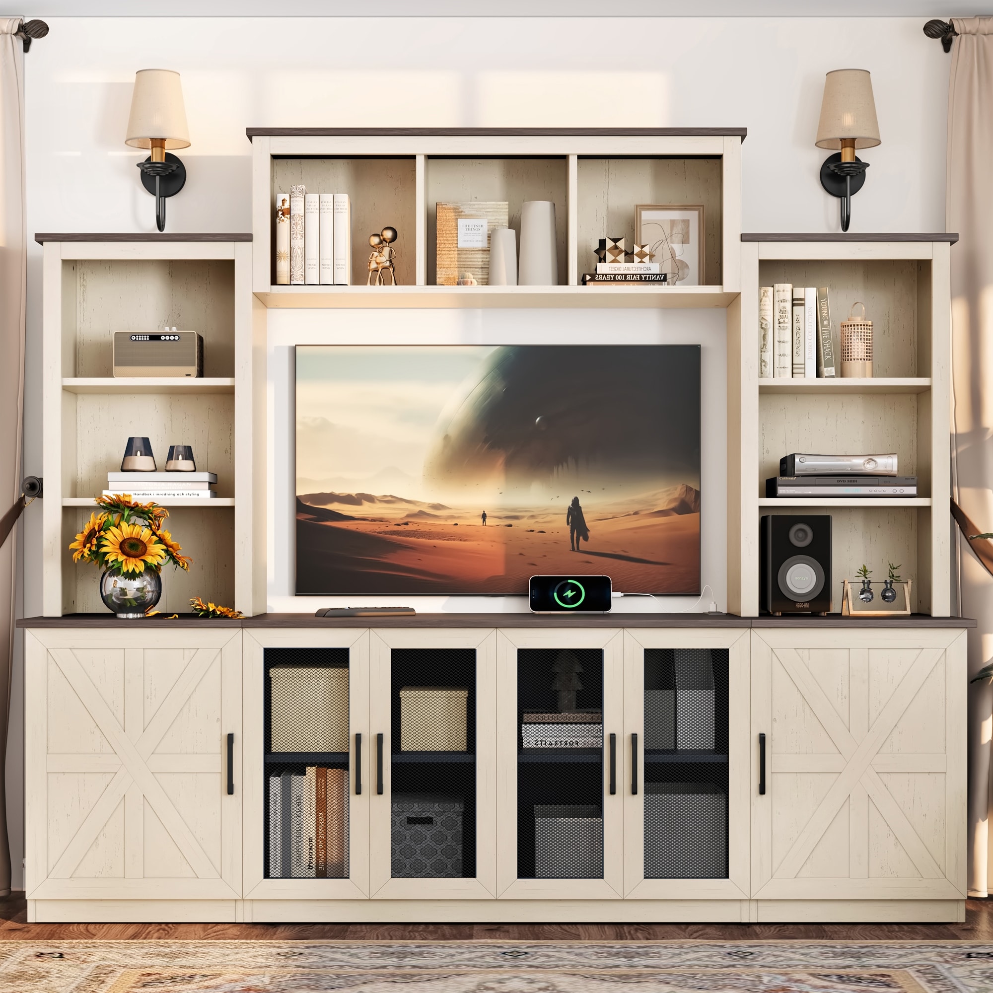 Modern 87.6" Wall Unit Entertainment Center with Bookshelves for TVs up to 55", TV Stand Media Console with Charging Station