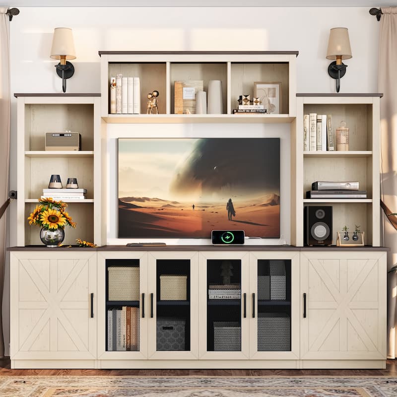 Wall Unit Entertainment Center with Charging Station and USB Charging, with Large Storage Cabinet, TV Stand Media Console