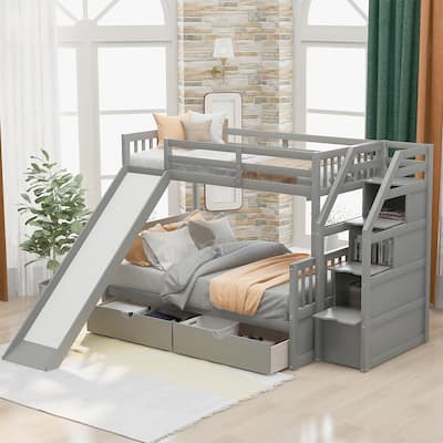 Twin over Full Bunk Bed with Drawers and Slide