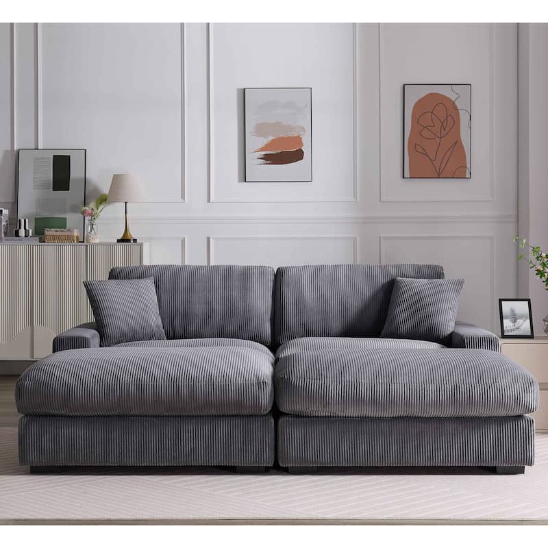Corduroy Deep Seat Sectional Sofa with Ottoman Chaise and Pillows