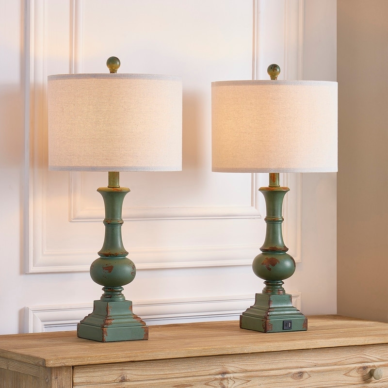 KAWOTI 25.5" Framhouse Table Lamp Set with USB Ports, Bulbs(Set of 2) - W12" x H25.5"