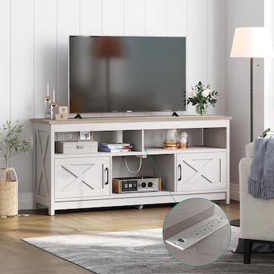 Farmhouse TV Stand for up to 65" TV with Doors and Open Shelves Media Console Power Outlet