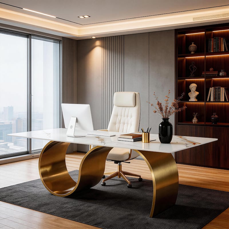 Luxury 78.7" Sintered Stone Office Executive Desk with Stainless Steel Base - White & Gold