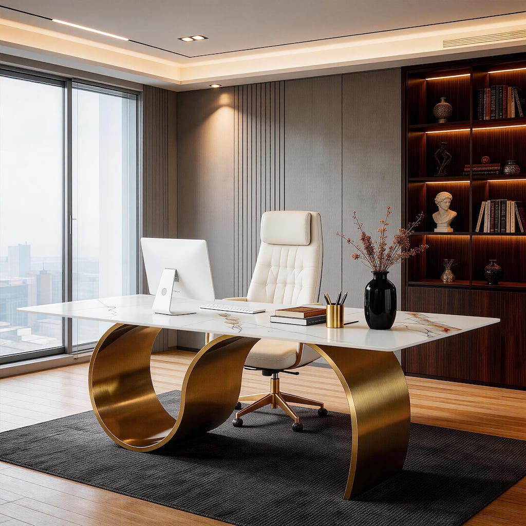 Luxury 78.7" Sintered Stone Office Executive Desk with Stainless Steel Base