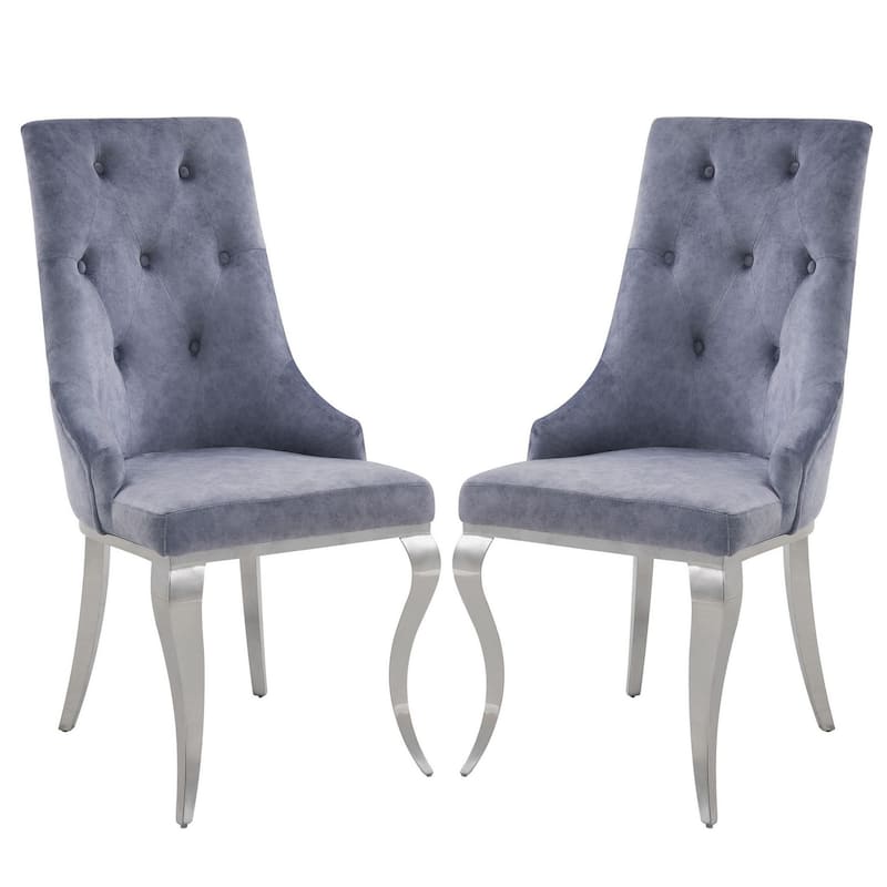 Side Chair with Button Tufting and Metal Legs, Set of 2, Gray and Silver
