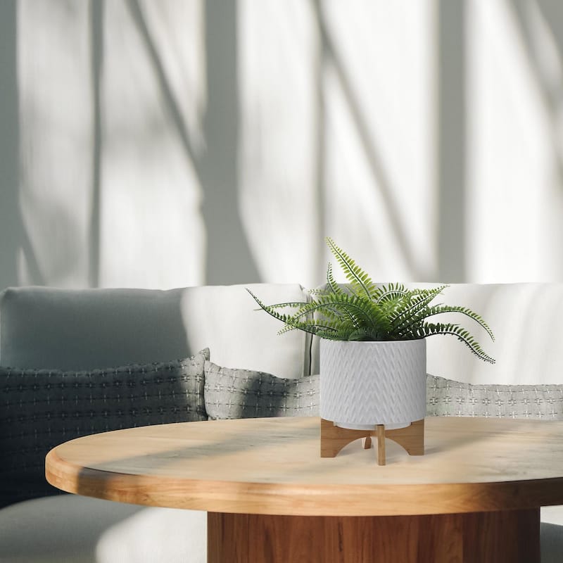 8-inch Chevron Planter on Wooden Stand, White