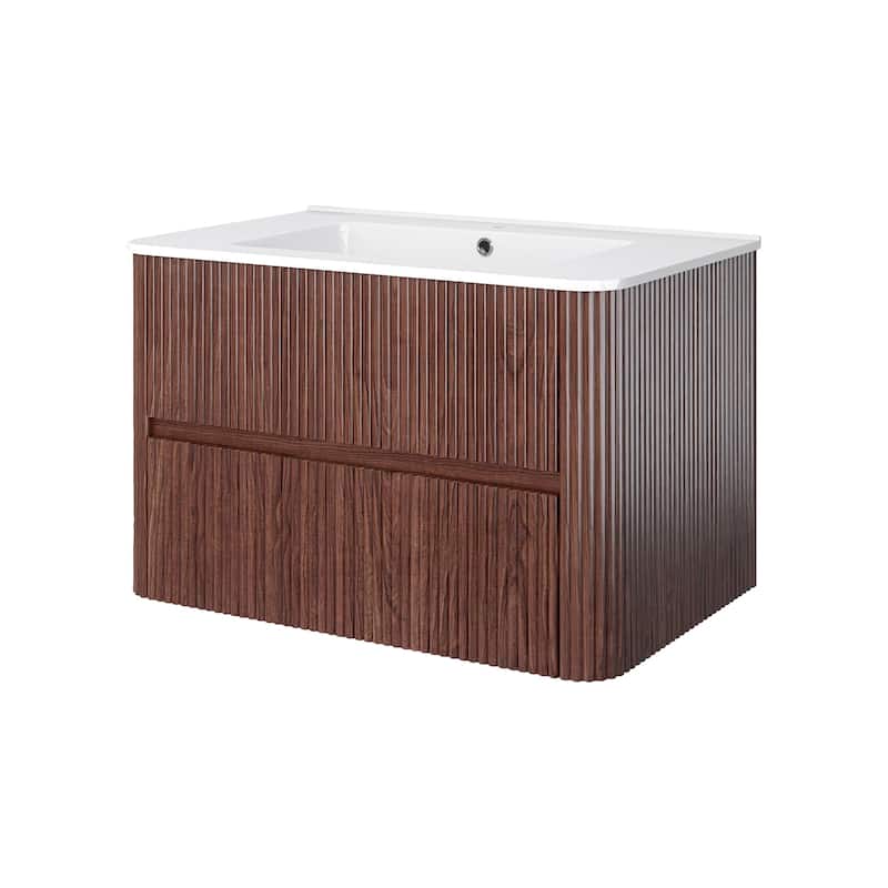 Wall-Mounted Bathroom Vanity in Walnut with Integrated White Ceramic Sink