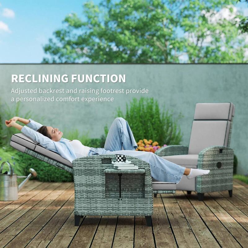 Outdoor Recliner with Cushions,Adjustable Footrest,Armrests,Tray Table