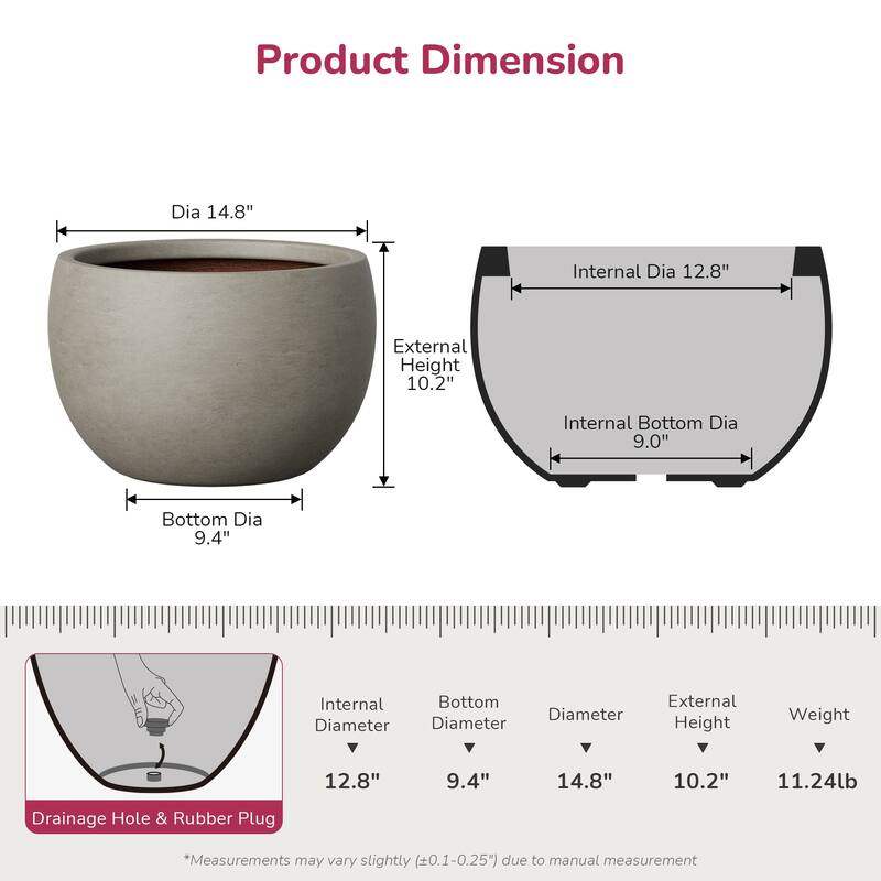Concrete Round Planter with Enhanced Interior Outdoor Indoor Pot with Drainage Holes