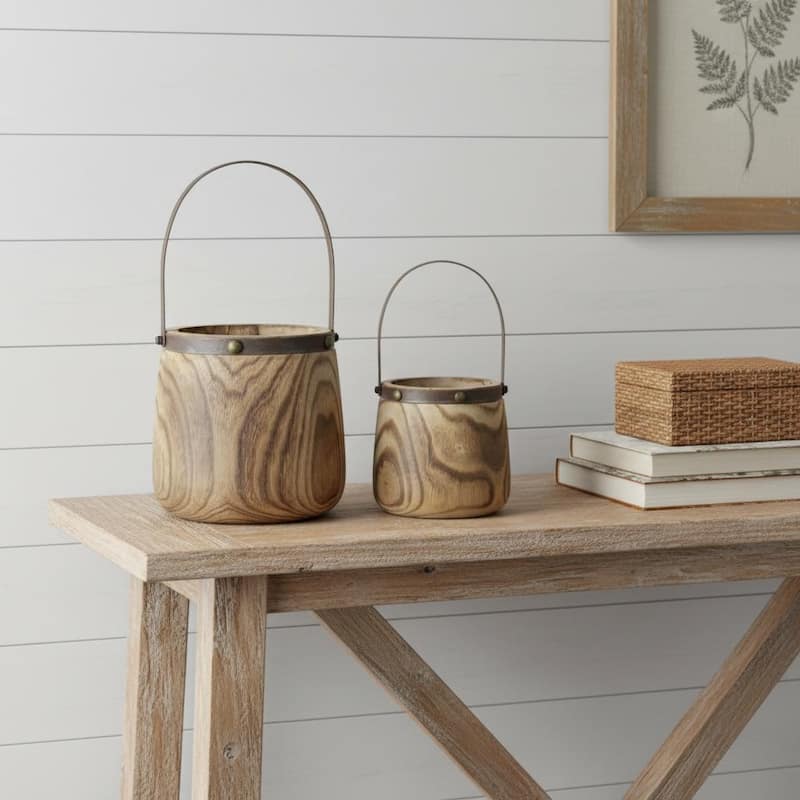 HomeRoots Set of Two Natural Wood And Steel Bucket Pot Planters - 9.00 in. x 14.00 in. x 9.00 in. - Natural - 9.00 in. x 14.00 in.  x 9.00 in.