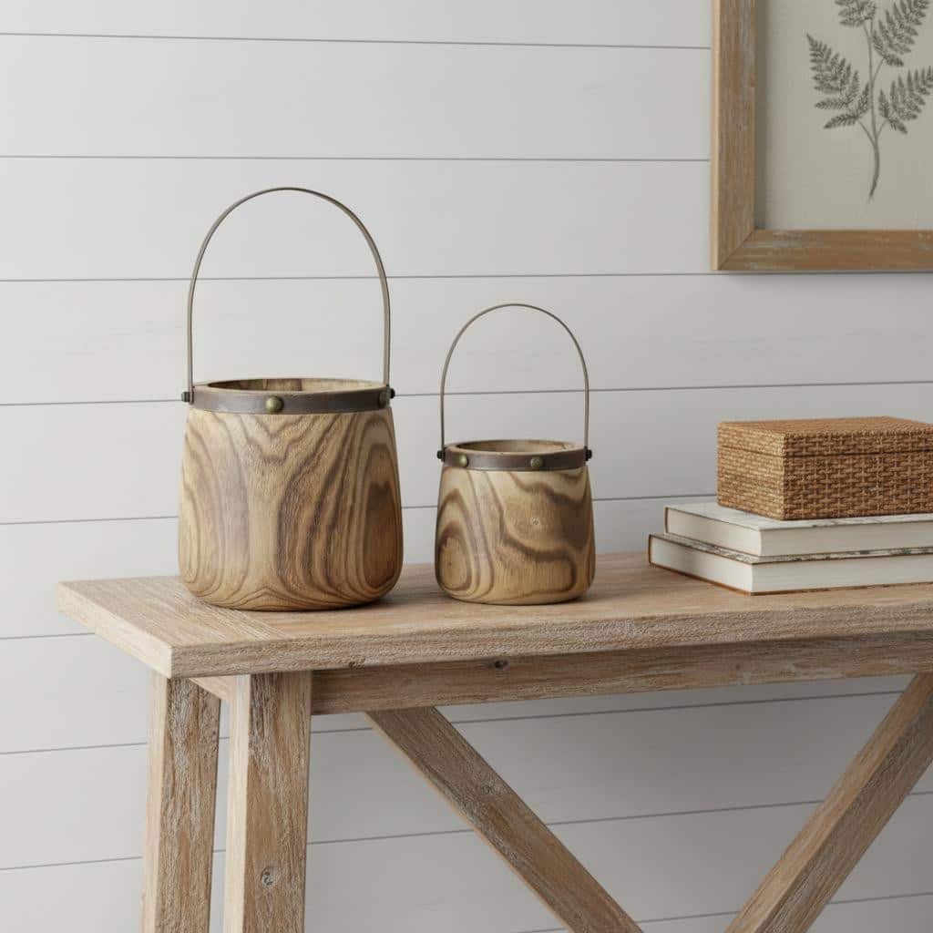 HomeRoots Set of Two Natural Wood And Steel Bucket Pot Planters - 9.00 in. x 14.00 in. x 9.00 in.