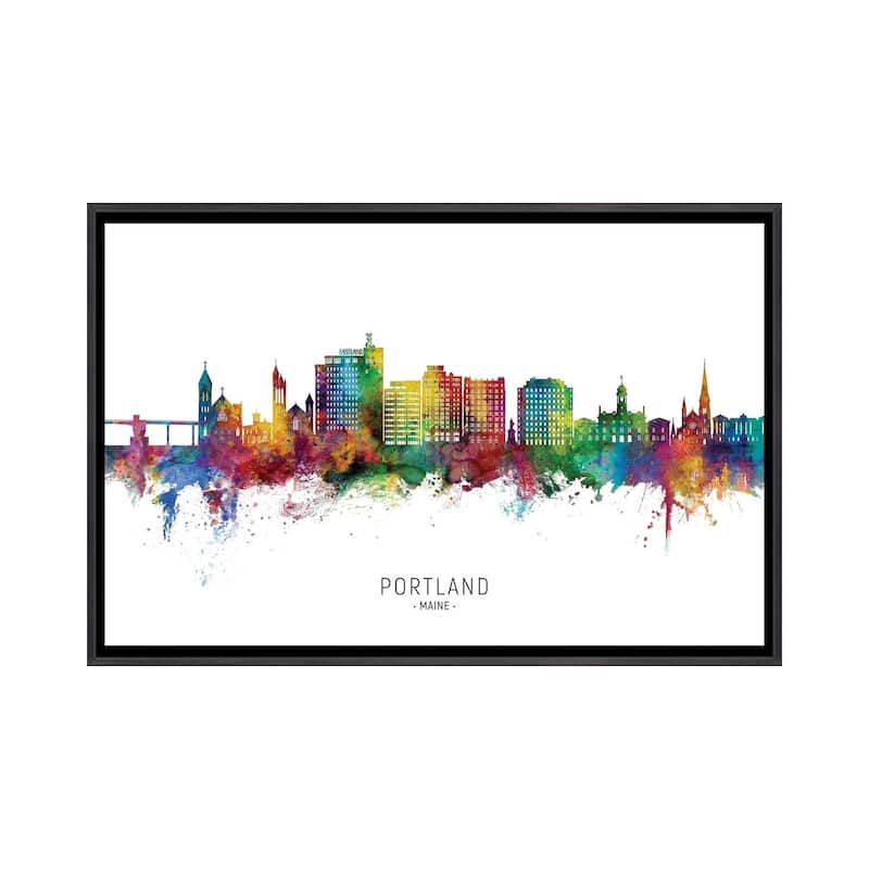 iCanvas "Portland Maine Skyline City Name" by Michael Tompsett Framed - Ebony - 32x48