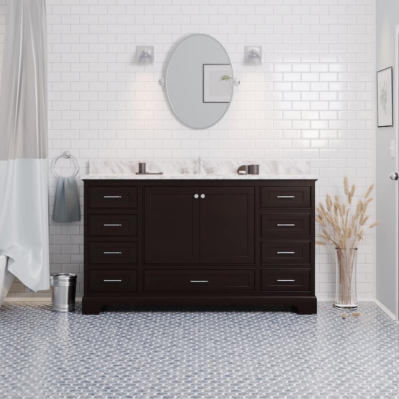 KitchenBathCollection Harper 60" Single Bathroom Vanity with Carrara Marble Top - Chocolate