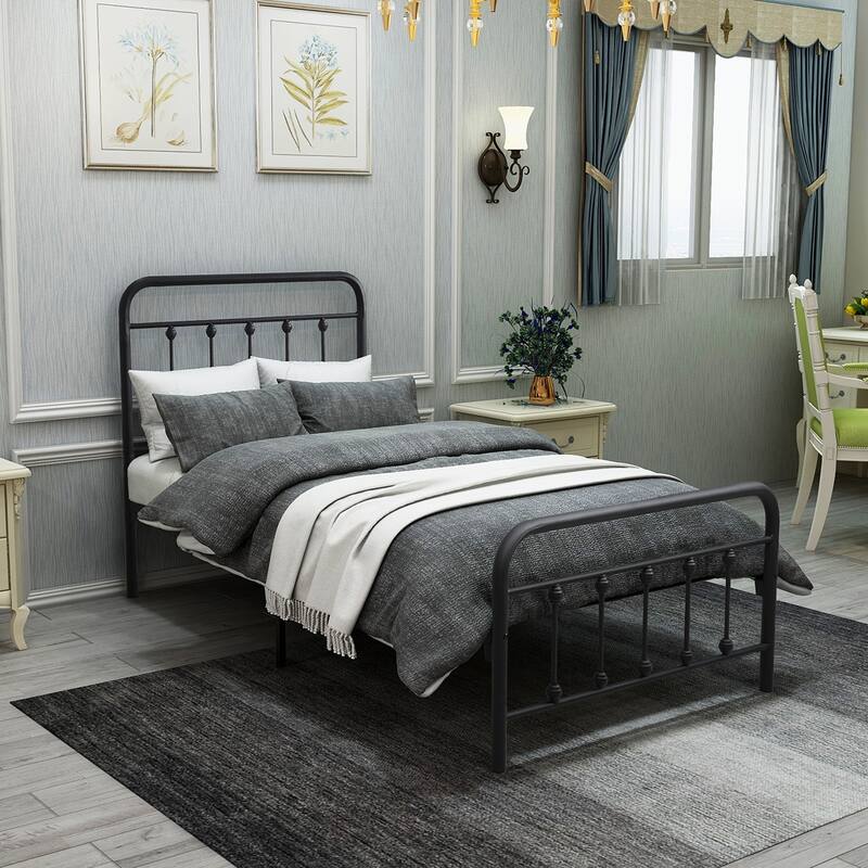 Modern Metal Platform Bed Frame with Victorian Style Wrought Iron-Art Headboard/Footboard, No Box Spring Required