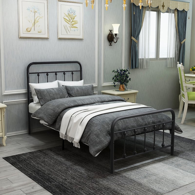 Victorian Style Metal Platform Bed Frame with Iron-Art Headboard Footboard, Under Bed Storage, No Box Spring Needed, Noise Free - Black - Twin