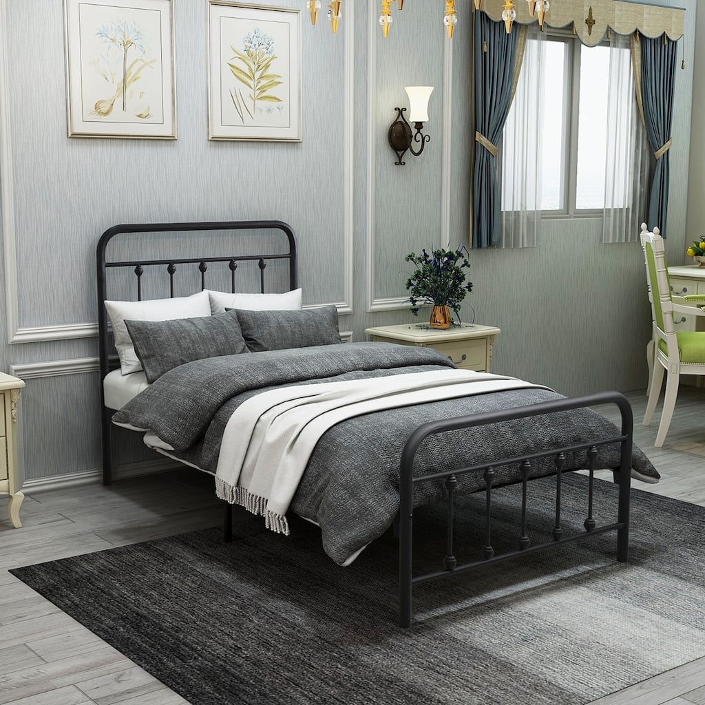 Victorian Style Metal Platform Bed Frame with Iron-Art Headboard Footboard, Under Bed Storage, No Box Spring Needed, Noise Free