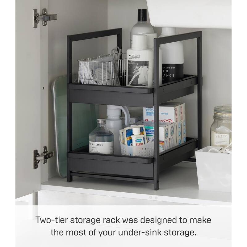 Yamazaki Home Under-Sink Rack with Pull-Out Shelf, Steel, Adjustable - L 26.97 x W 11.97 x H 17.83 inches