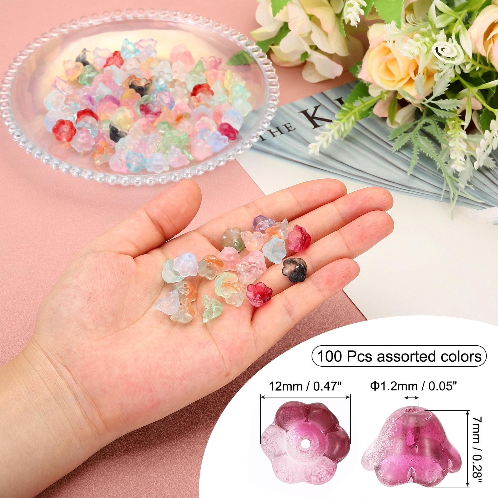 Glass Trumpet Flower Beads, Gradient Flower Bead Charm for Jewelry Making DIY Craft, Bracelets, Earrings, Necklaces