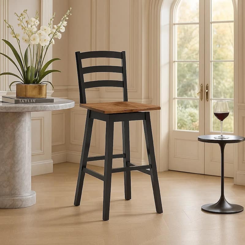 Fleur Swivel Barstool Chair Set of 2, Butcher Block Seat, Black Frame