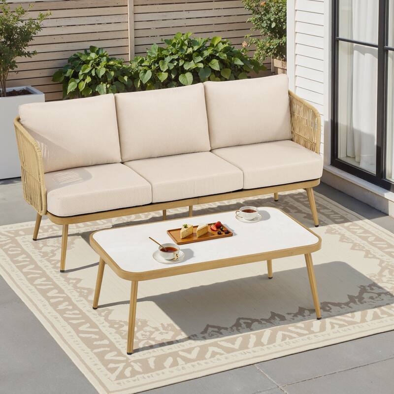 Pocassy Patio Sofa Glider Chair with Coffee Table - Yellow Wicker Beige Cushion - 2-Piece Patio 3-Seat Sofa with Coffee Table