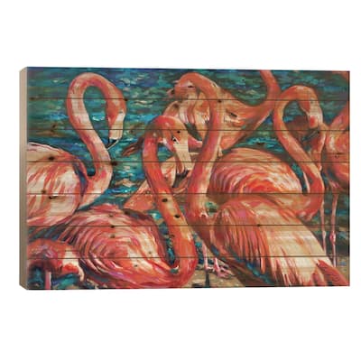 Flamingo Gossip Print On Wood by Linda Olsen - Multi-Color
