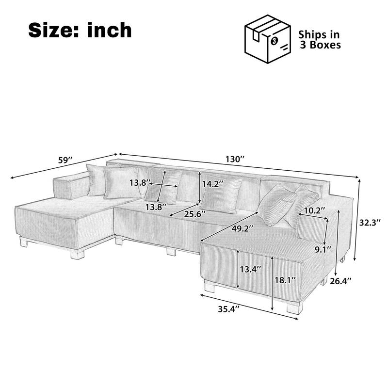 130" U-Shaped Upholstered Sectional Sofa with RGB LED Light Strip and 6 Pillows