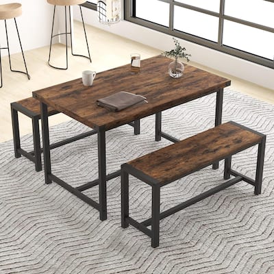Vintage 3 Piece Dining Table Set with 2 Benches - N/A