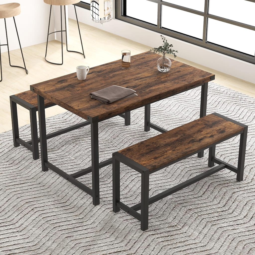 Vintage 3 Piece Dining Table Set with 2 Benches - N/A