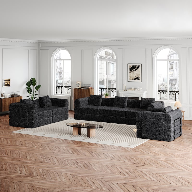 Freely Combined Modular Chenille Folding Sofa with Storage Pockets - Black