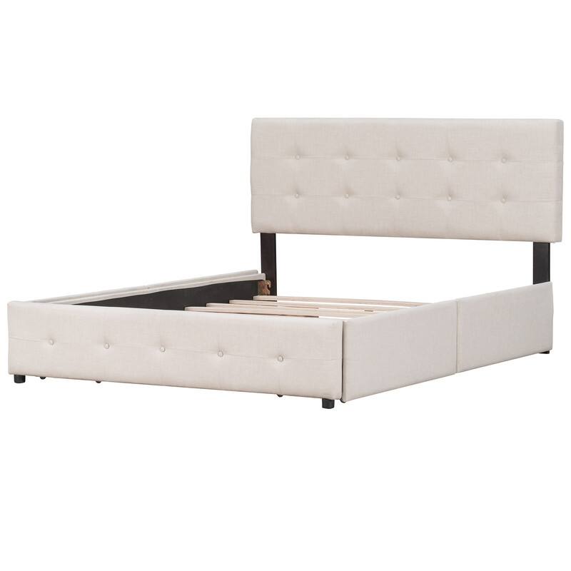 Queen Upholstered Bed Frame with 4 Drawers, Linen Fabric Platform Storage Bed with Classic Headboard and Wooden Slats Support