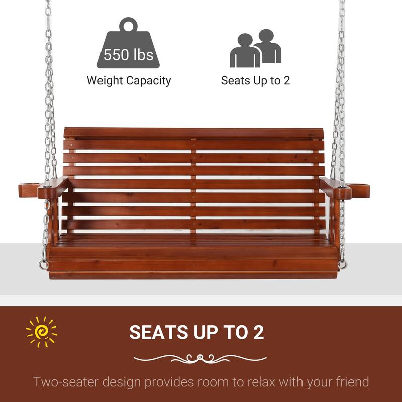 Outsunny 2-Person Outdoor Porch Swing Bench with 2 Built-In Cup Holders, Slatted Design, & Chains Included