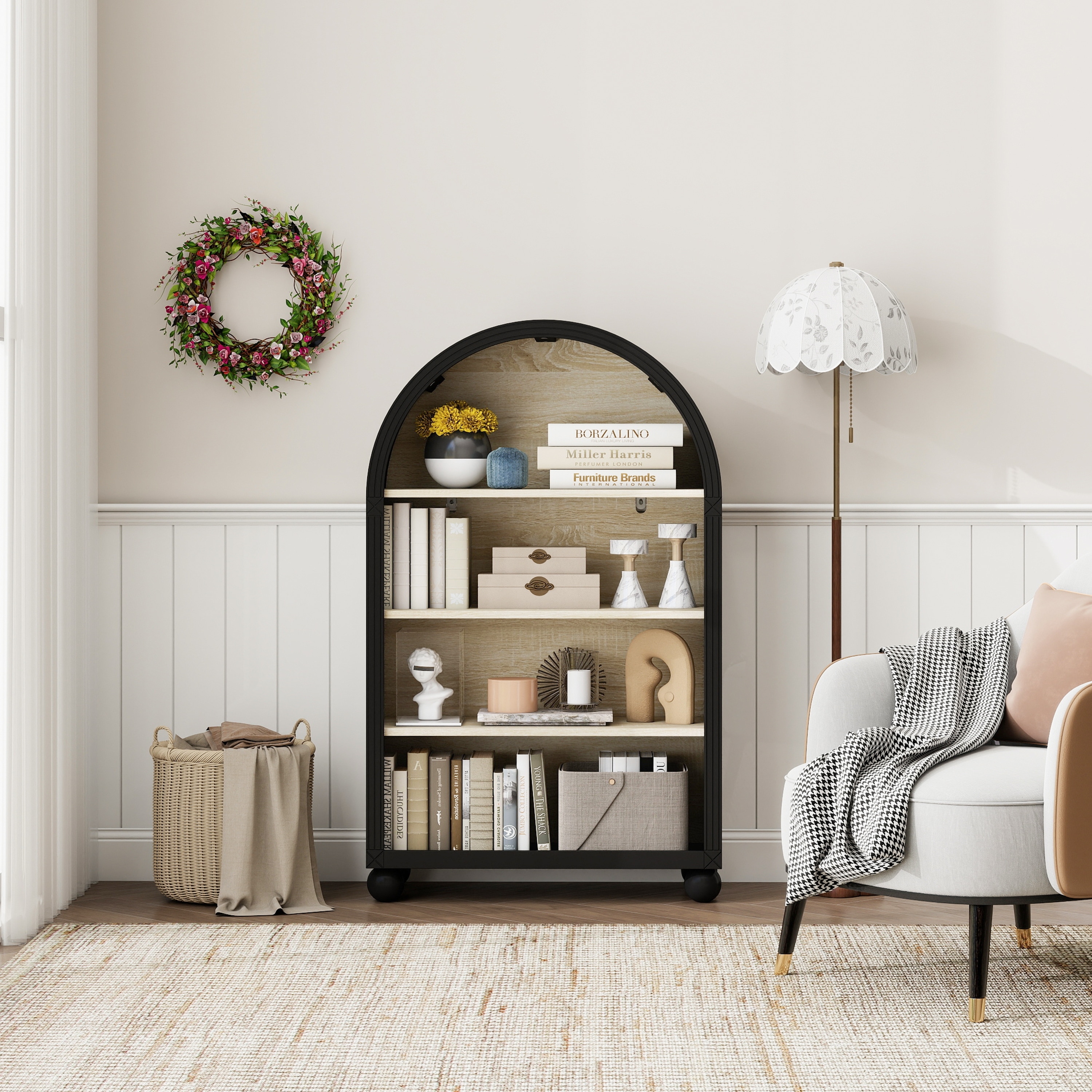 Arched 4-Tier Storage Cabinet with Carved Edges,MDF Bookcase with Metal Frame & Hand-Painted Finish,Freestanding Display Shelf