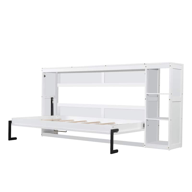 Minimalist Fold Down Bed Murphy Bed with 3 Storage Racks, Striped Decoration Wall Bed Hidden Bed for Guest Room Small Spaces