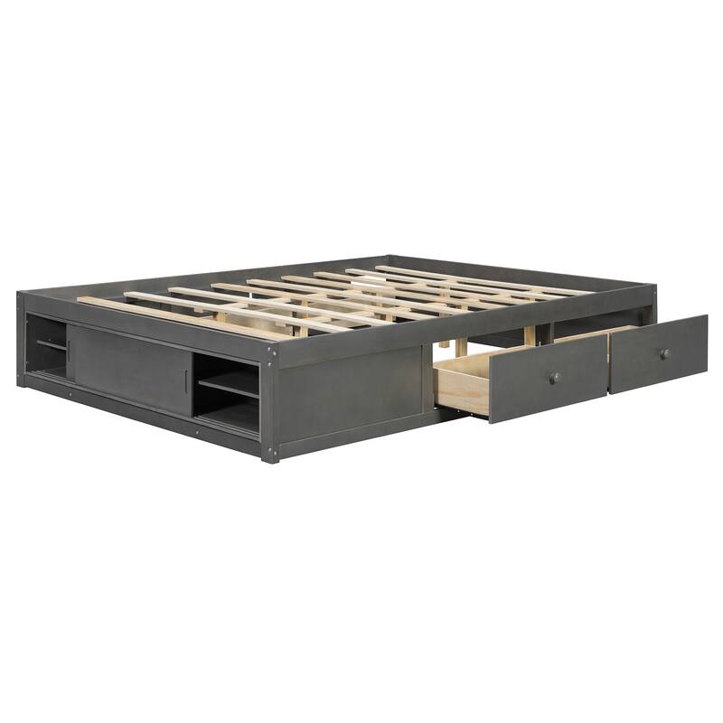 Queen Size Platform Bed Open Frame with Footboard Storage and 4 Drawers