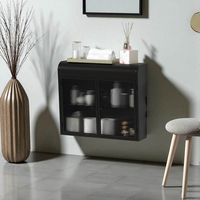 2-Door Wall-Mounted Metal Storage Cabinet with Glass Shelves for Bathroom, Kitchen & Office, Chrome Knobs - Black