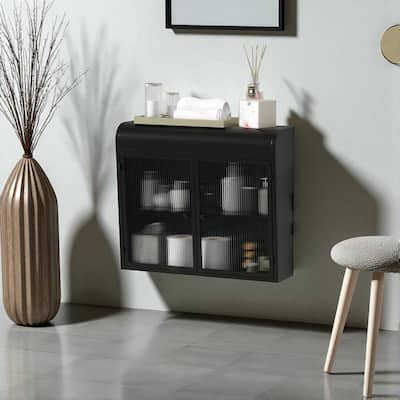 2-Door Wall-Mounted Metal Storage Cabinet with Glass Shelves for Bathroom, Kitchen & Office, Chrome Knobs