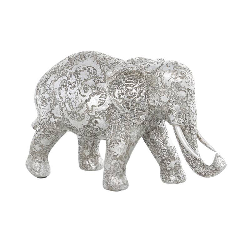 Silver Polystone Engraved Floral Elephant Decorative Sculpture