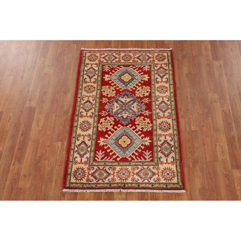 Traditional Kazak Accent Rug Hand-Knotted Geometric Wool Carpet - 2'10" x 4'2"