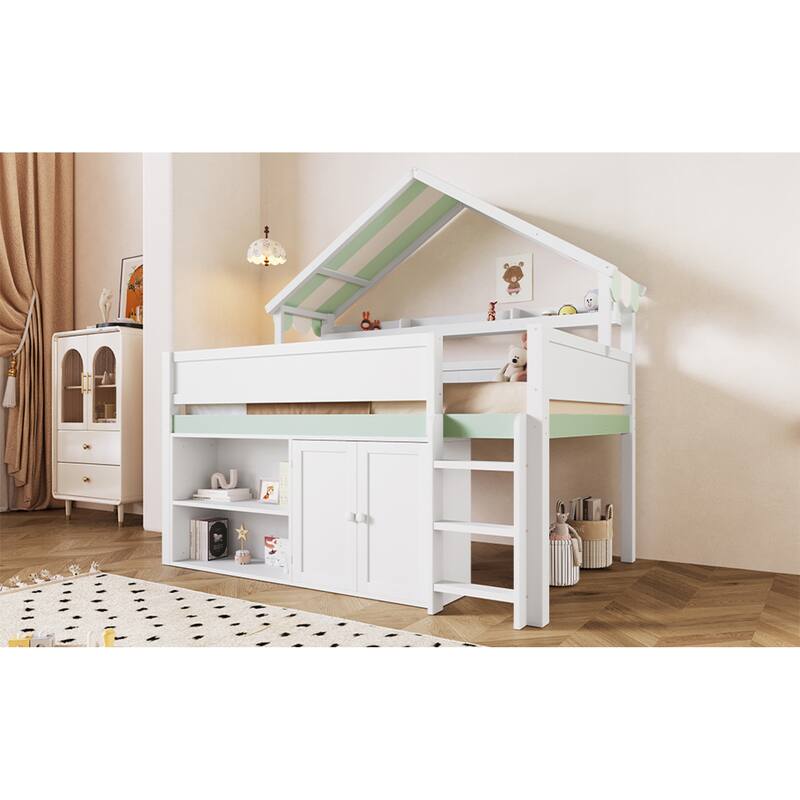 Roomfitters Full Size Loft Bed with House Canopy Roof and Storage Cabinet