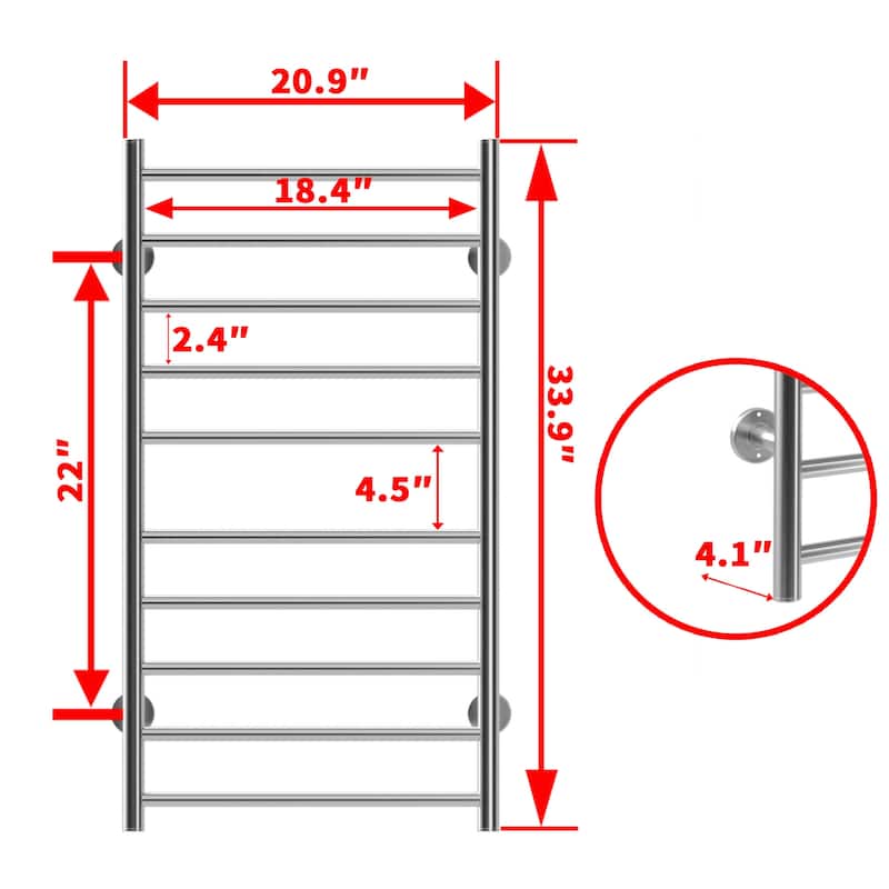 10 Bars Towel Holders Wall Mounted Plug-In/Hardwired Towel Warmer Heated Towel Racks Stainless Steel in Matte Silver
