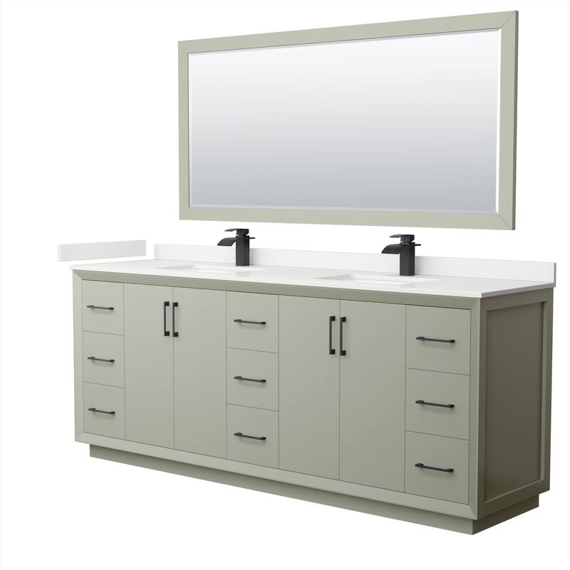 Strada 84-inch Double Vanity, Quartz Top, 70-inch Mirror - Light Green, Black Trim, White Quartz Top