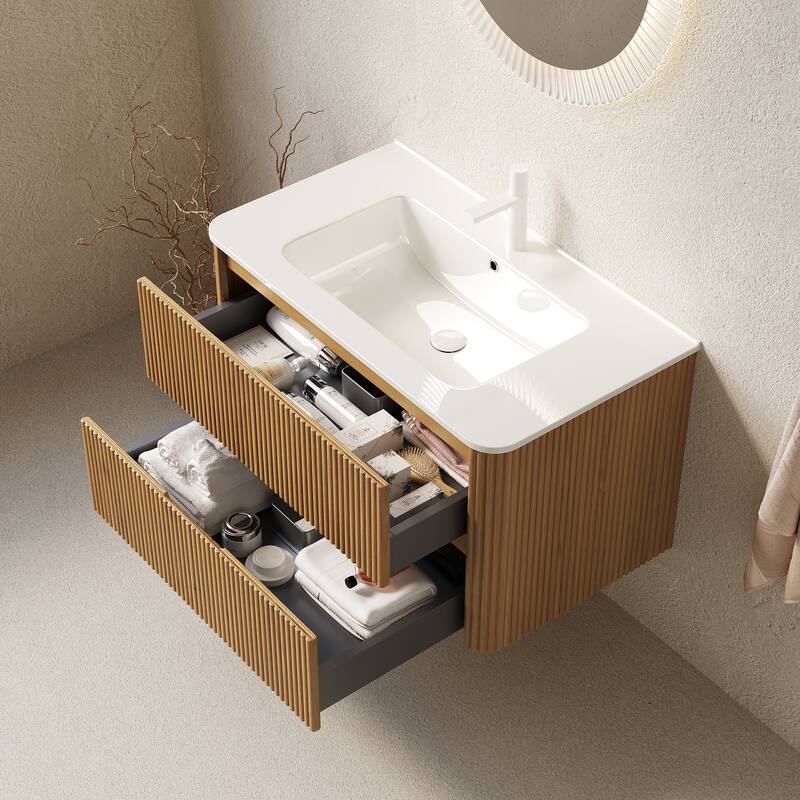 Wall-Mounted Bathroom Vanity in Walnut with Integrated White Ceramic Sink