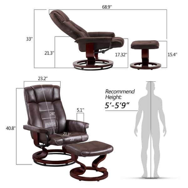 dimension image slide 5 of 6, MCombo Swiveling Recliner Chair with Wood Base and Ottoman