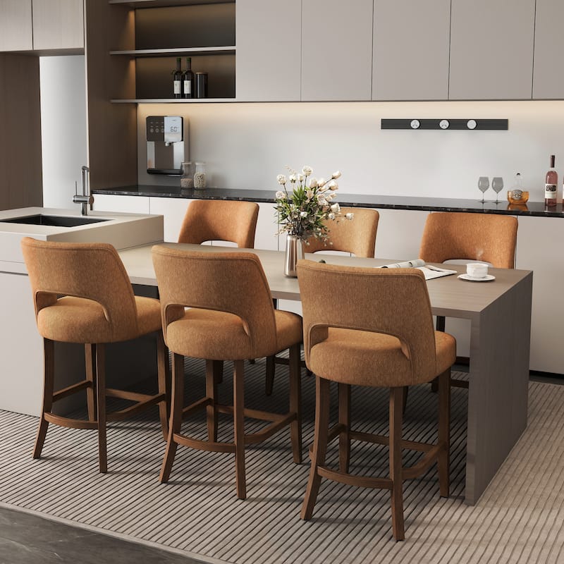 Set of 2/4/6,Upholstered Counter Height Bar Stools,Modern Counter Stools with Wood Legs for Kitchen Island Dining Room Bar - Orange - Set of 6