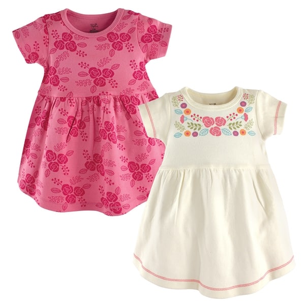 slide 1 of 1, Touched by Nature Baby and Baby Girl Organic Cotton Short-Sleeve Dresses 2pk, Boho Flower 0-3 Months - Baby Toddler Boho Flower Short Sleeve