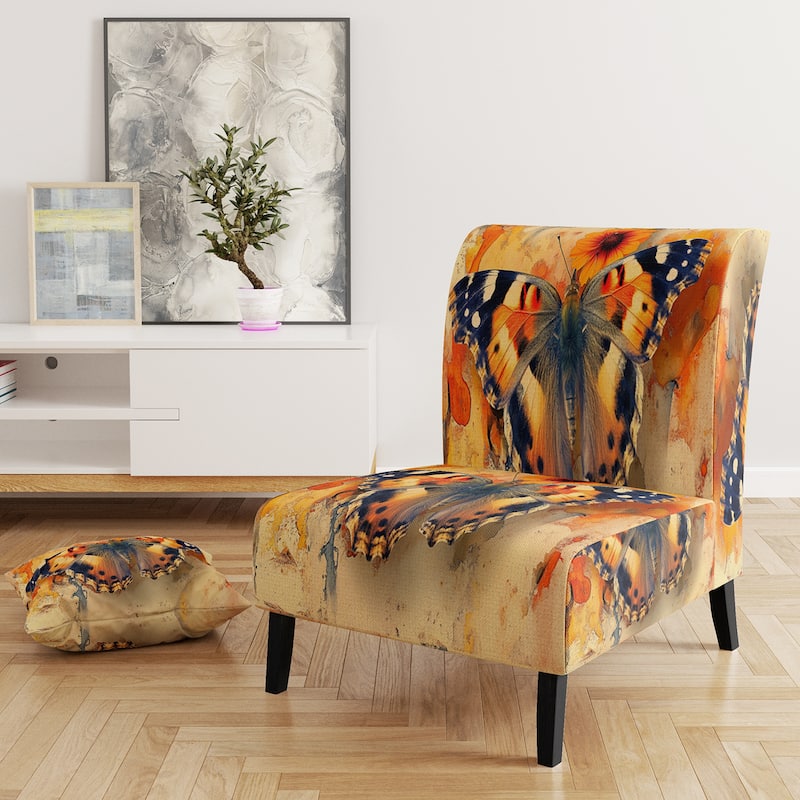 Designart "Orange Buttlerfly In Watercolor" Upholstered Floral Accent Chair - Traditional Arm Chair For Living Room - Slipper Chair - Orange & Brown