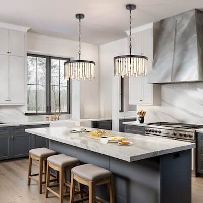 Tifany Modern 3-Light Drum Black Chandelier Glass Foyer Island Light for Dining Room - D16"* H15"