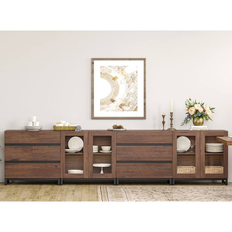 Modern Sideboard with Adjustable Shelves and 6 Drawers, 4 in 1 Storage Cabinet with Glass Doors, Coffee Bar Cabinet for Kitchen